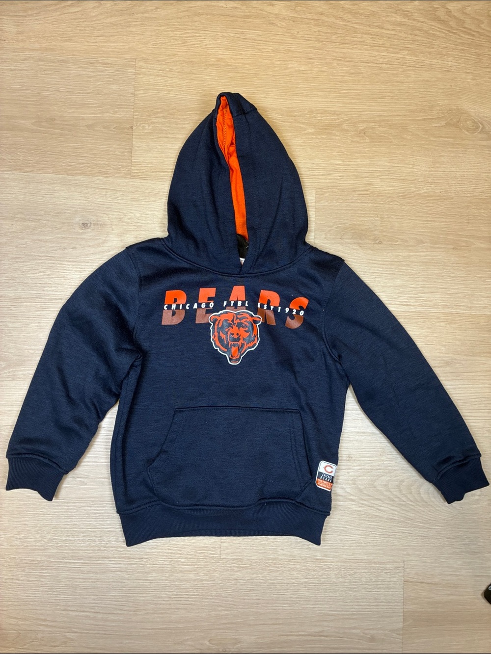 NFL Kids CHICAGO BEARS Football Navy Hooded Pullover with Orange Lining & Logo